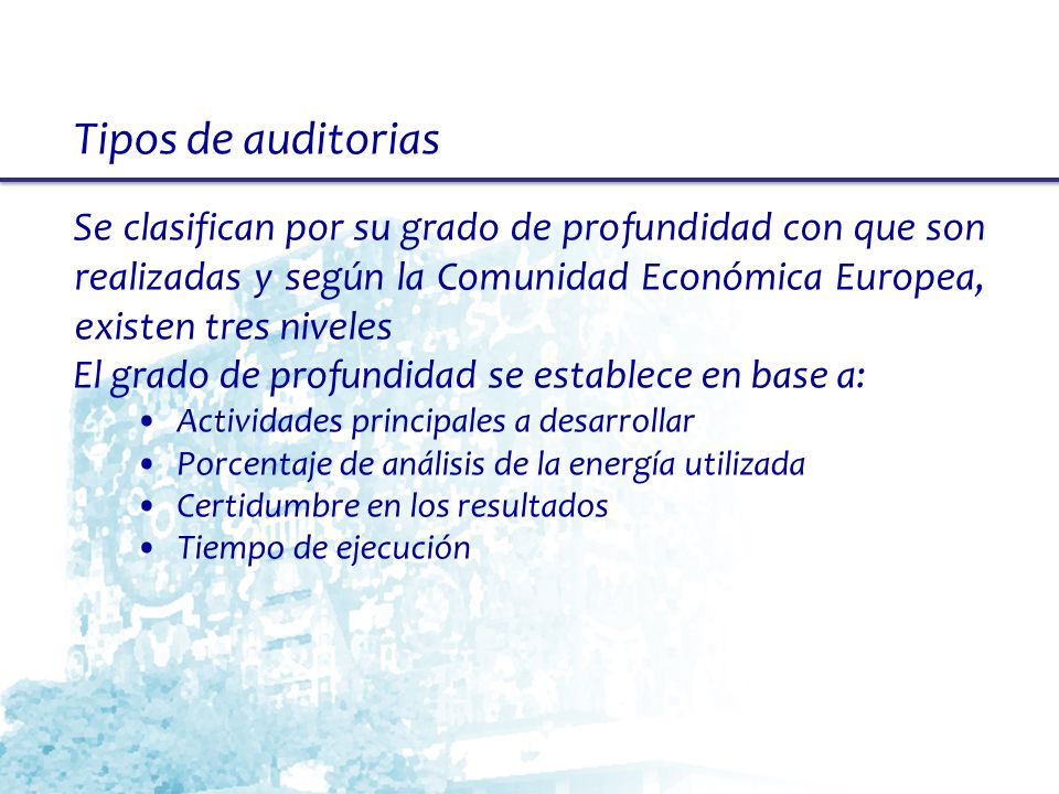 Tipos de auditorias Se clasifican por su grado de profundidad con que son realizadas y según la Comunidad Económica Europea, existen tres niveles.