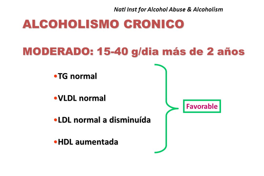 ALCOHOLISMO CRONICO MODERADO: g/dia más de 2 años TG normal