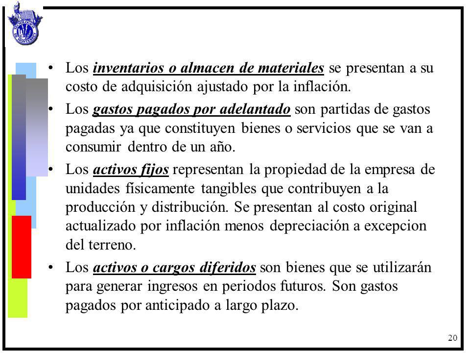 Los inventarios o almacen de materiales se presentan a su costo de adquisición ajustado por la inflación.