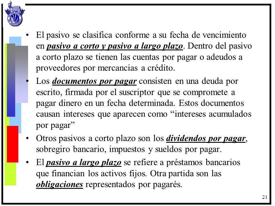 El pasivo se clasifica conforme a su fecha de vencimiento en pasivo a corto y pasivo a largo plazo. Dentro del pasivo a corto plazo se tienen las cuentas por pagar o adeudos a proveedores por mercancias a crédito.