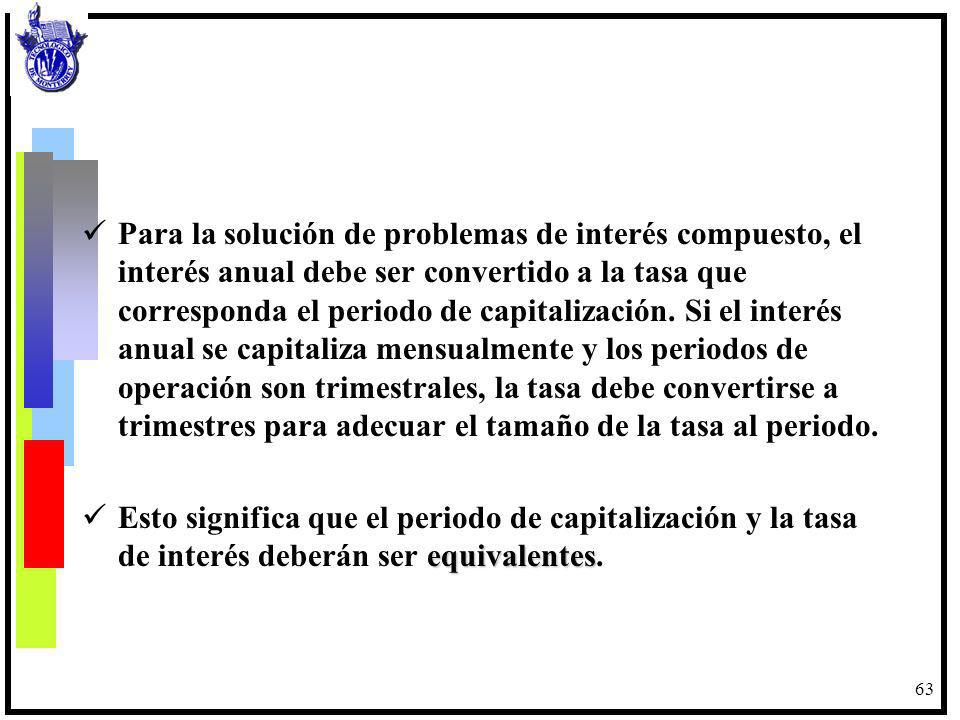 Para la solución de problemas de interés compuesto, el interés anual debe ser convertido a la tasa que corresponda el periodo de capitalización. Si el interés anual se capitaliza mensualmente y los periodos de operación son trimestrales, la tasa debe convertirse a trimestres para adecuar el tamaño de la tasa al periodo.