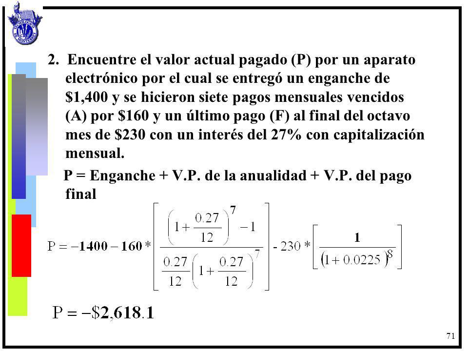 2. Encuentre el valor actual pagado (P) por un aparato electrónico por el cual se entregó un enganche de $1,400 y se hicieron siete pagos mensuales vencidos (A) por $160 y un último pago (F) al final del octavo mes de $230 con un interés del 27% con capitalización mensual.