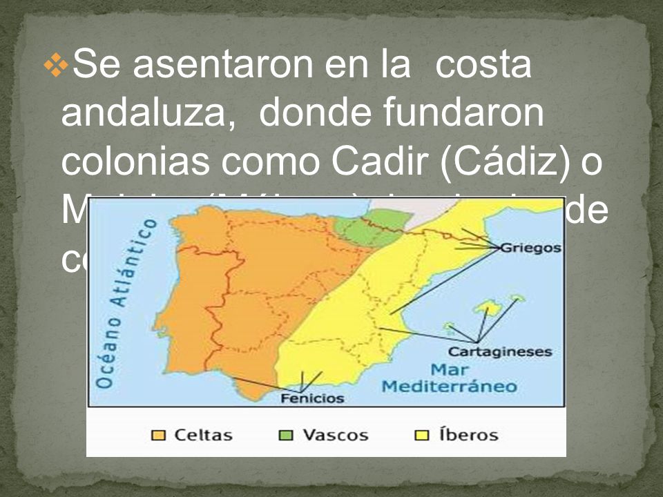 Se asentaron en la costa andaluza, donde fundaron colonias como Cadir (Cádiz) o Malaka (Málaga) desde donde comerciaban con los íberos.