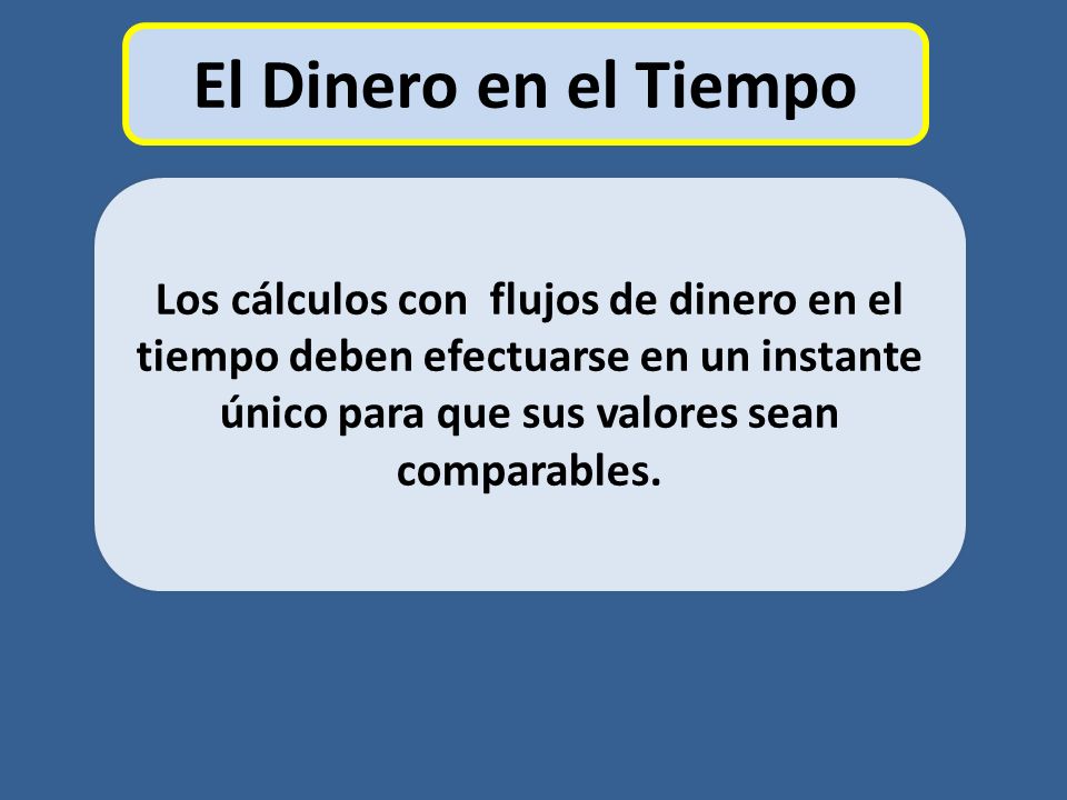 El Dinero en el Tiempo Los cálculos con flujos de dinero en el tiempo deben efectuarse en un instante único para que sus valores sean comparables.