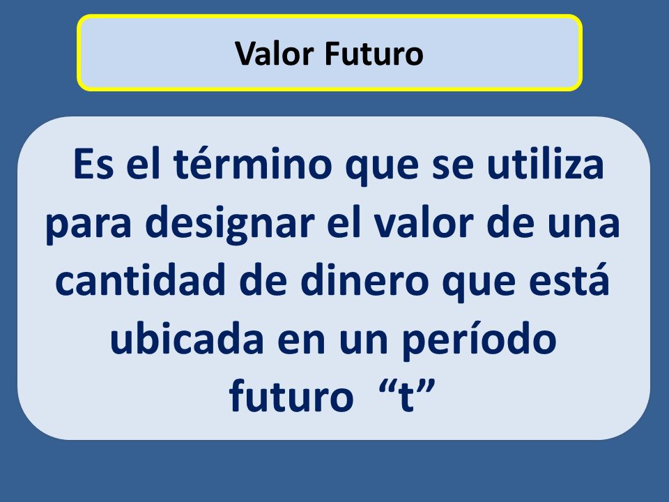 Valor Futuro Es el término que se utiliza para designar el valor de una cantidad de dinero que está ubicada en un período futuro t