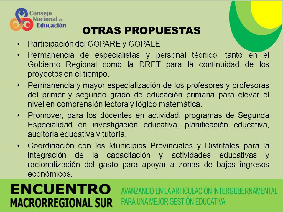 OTRAS PROPUESTAS Participación del COPARE y COPALE