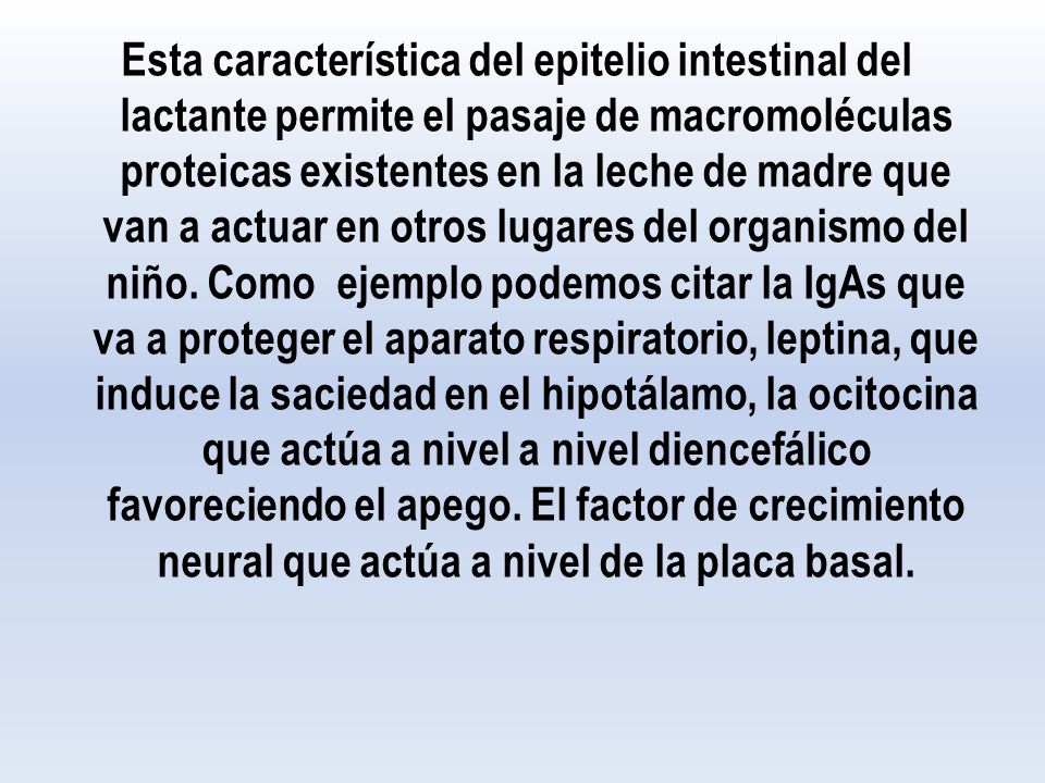 Esta característica del epitelio intestinal del lactante permite el pasaje de macromoléculas proteicas existentes en la leche de madre que van a actuar en otros lugares del organismo del niño.
