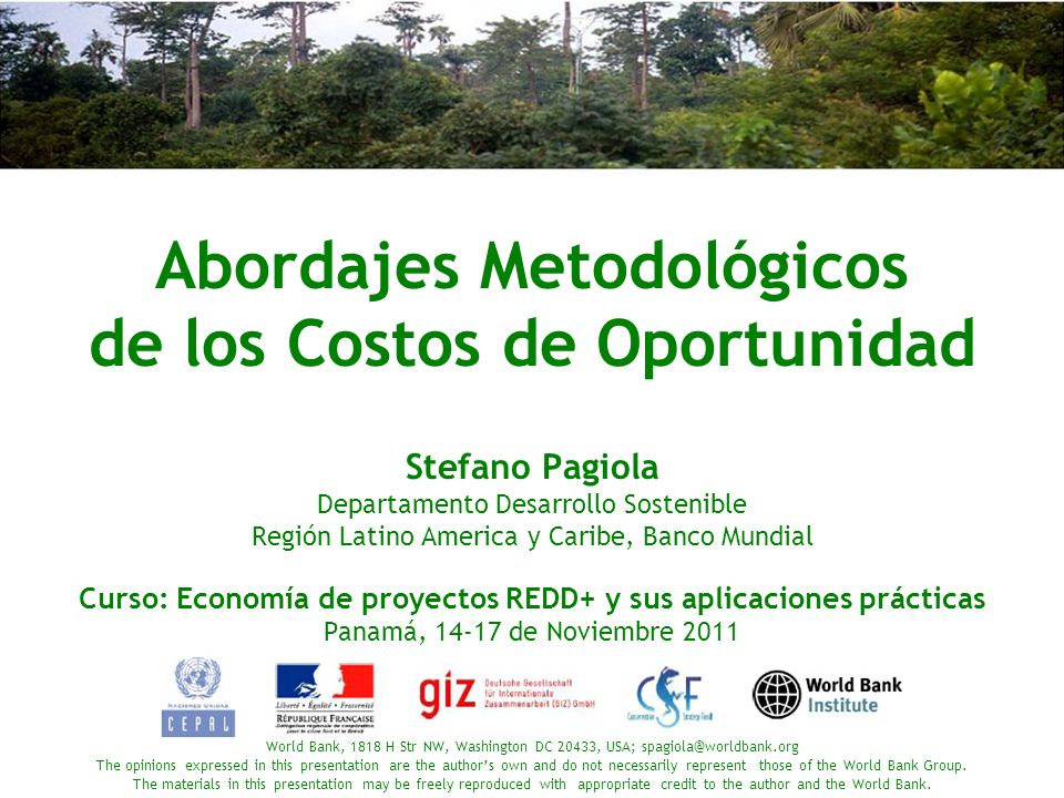 Abordajes Metodológicos de los Costos de Oportunidad Stefano Pagiola Departamento Desarrollo Sostenible Región Latino America y Caribe, Banco Mundial Curso: Economía de proyectos REDD+ y sus aplicaciones prácticas Panamá, de Noviembre 2011