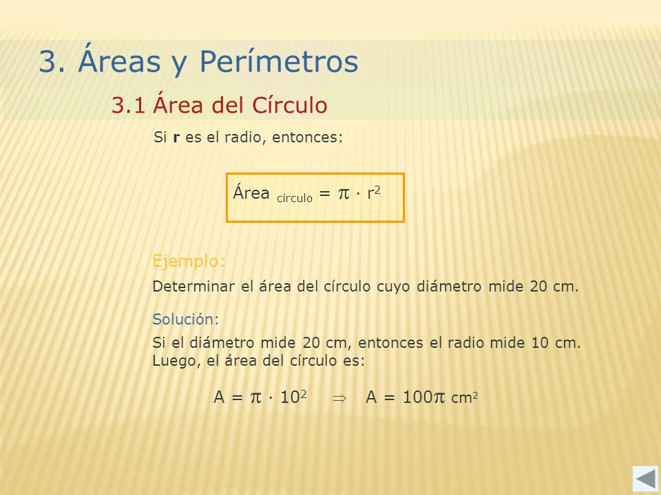 3. Áreas y Perímetros 3.1 Área del Círculo Área círculo = p ∙ r2