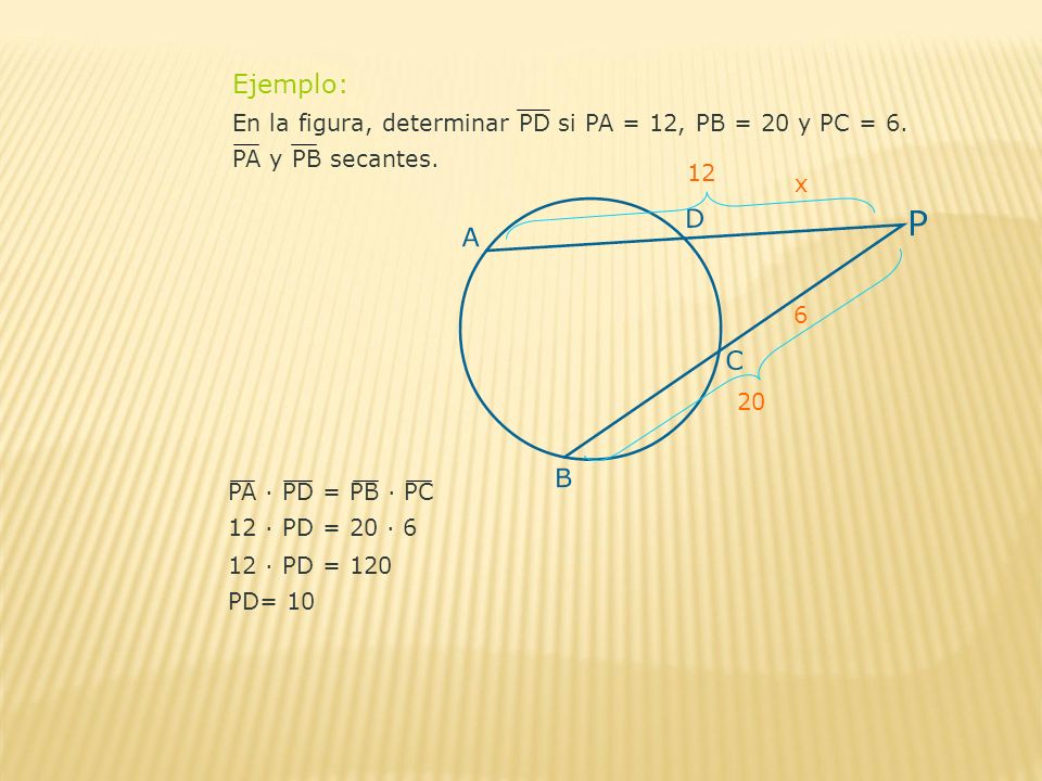 Ejemplo: En la figura, determinar PD si PA = 12, PB = 20 y PC = 6.