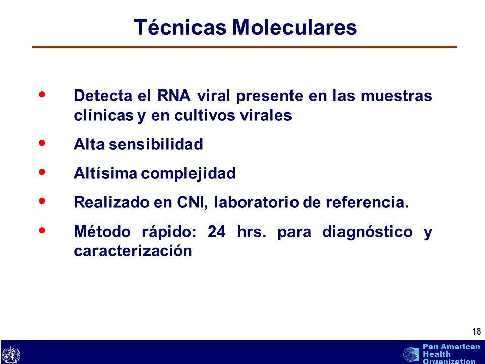 Técnicas Moleculares Detecta el RNA viral presente en las muestras clínicas y en cultivos virales. Alta sensibilidad.