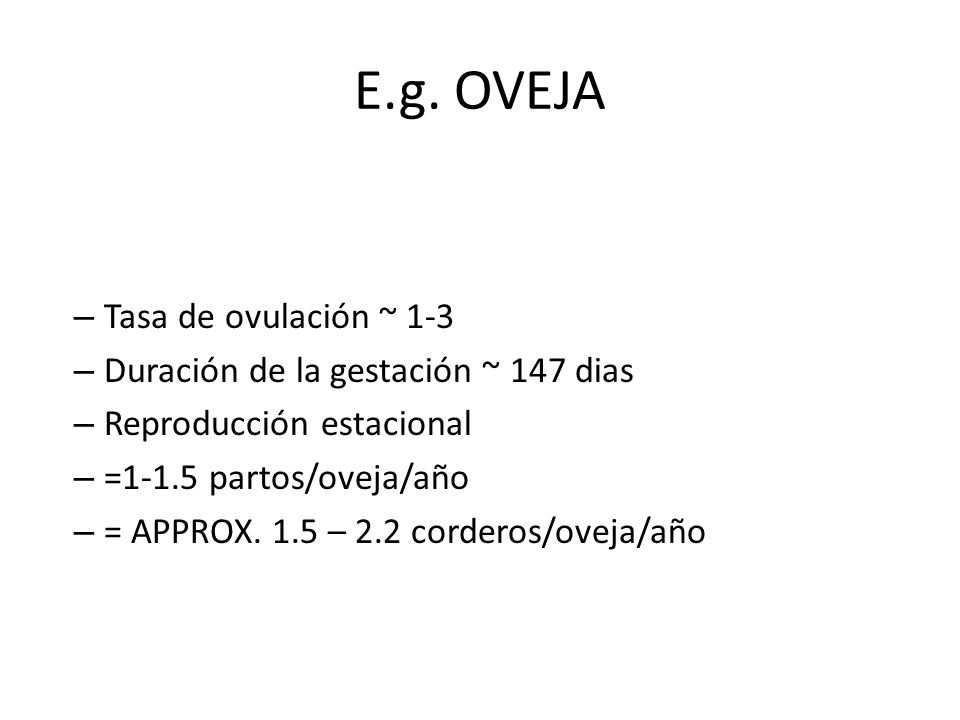 E.g. OVEJA Tasa de ovulación ~ 1-3 Duración de la gestación ~ 147 dias