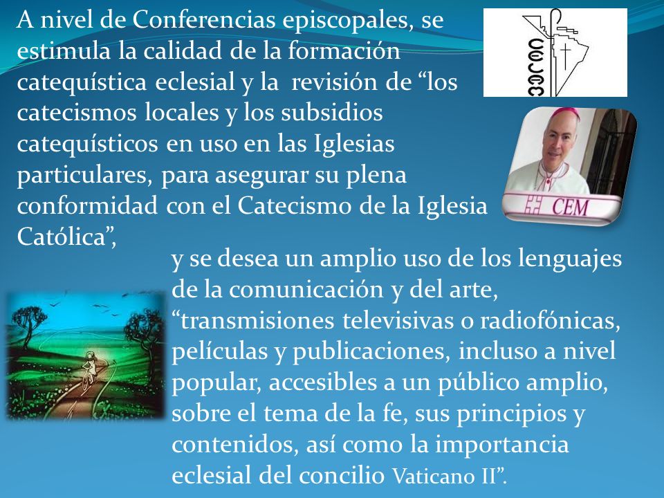 A nivel de Conferencias episcopales, se estimula la calidad de la formación catequística eclesial y la revisión de los catecismos locales y los subsidios catequísticos en uso en las Iglesias particulares, para asegurar su plena conformidad con el Catecismo de la Iglesia Católica ,