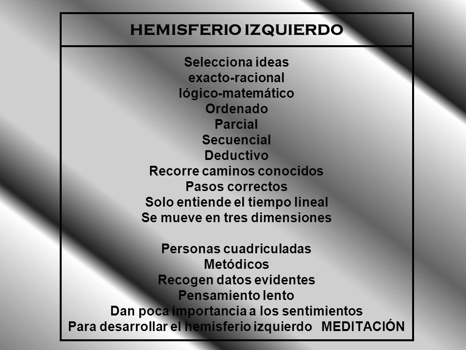 HEMISFERIO IZQUIERDO Selecciona ideas exacto-racional lógico-matemático Ordenado Parcial Secuencial Deductivo Recorre caminos conocidos Pasos correctos Solo entiende el tiempo lineal Se mueve en tres dimensiones Personas cuadriculadas Metódicos Recogen datos evidentes Pensamiento lento Dan poca importancia a los sentimientos Para desarrollar el hemisferio izquierdo MEDITACIÓN