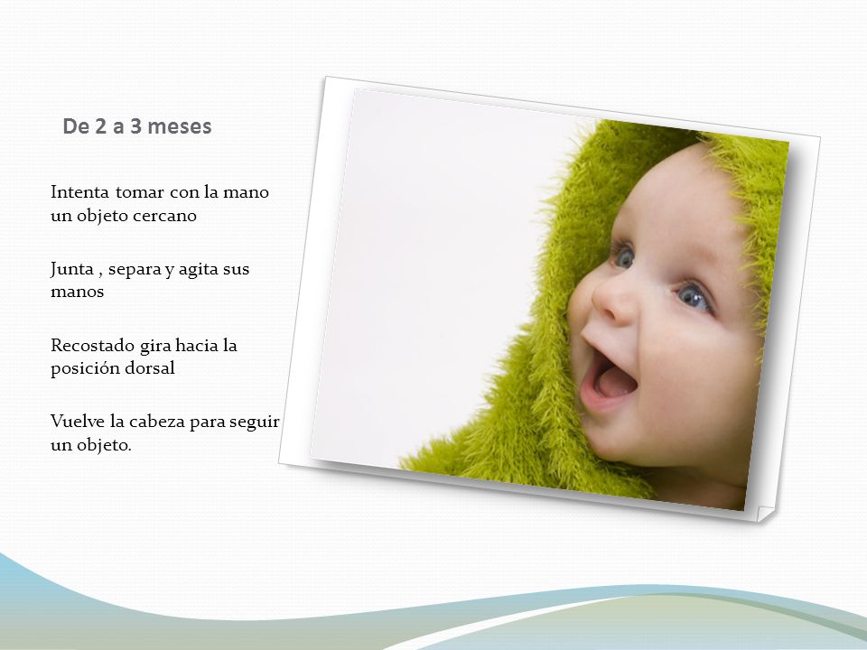 De 2 a 3 meses Intenta tomar con la mano un objeto cercano