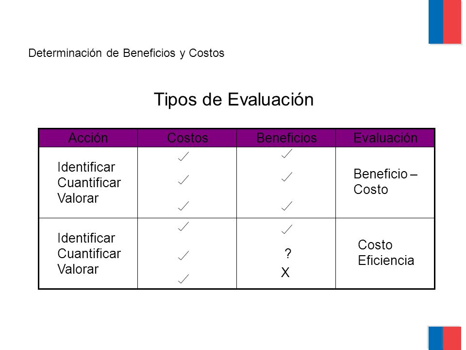Tipos de Evaluación Acción Costos Beneficios Evaluación Identificar