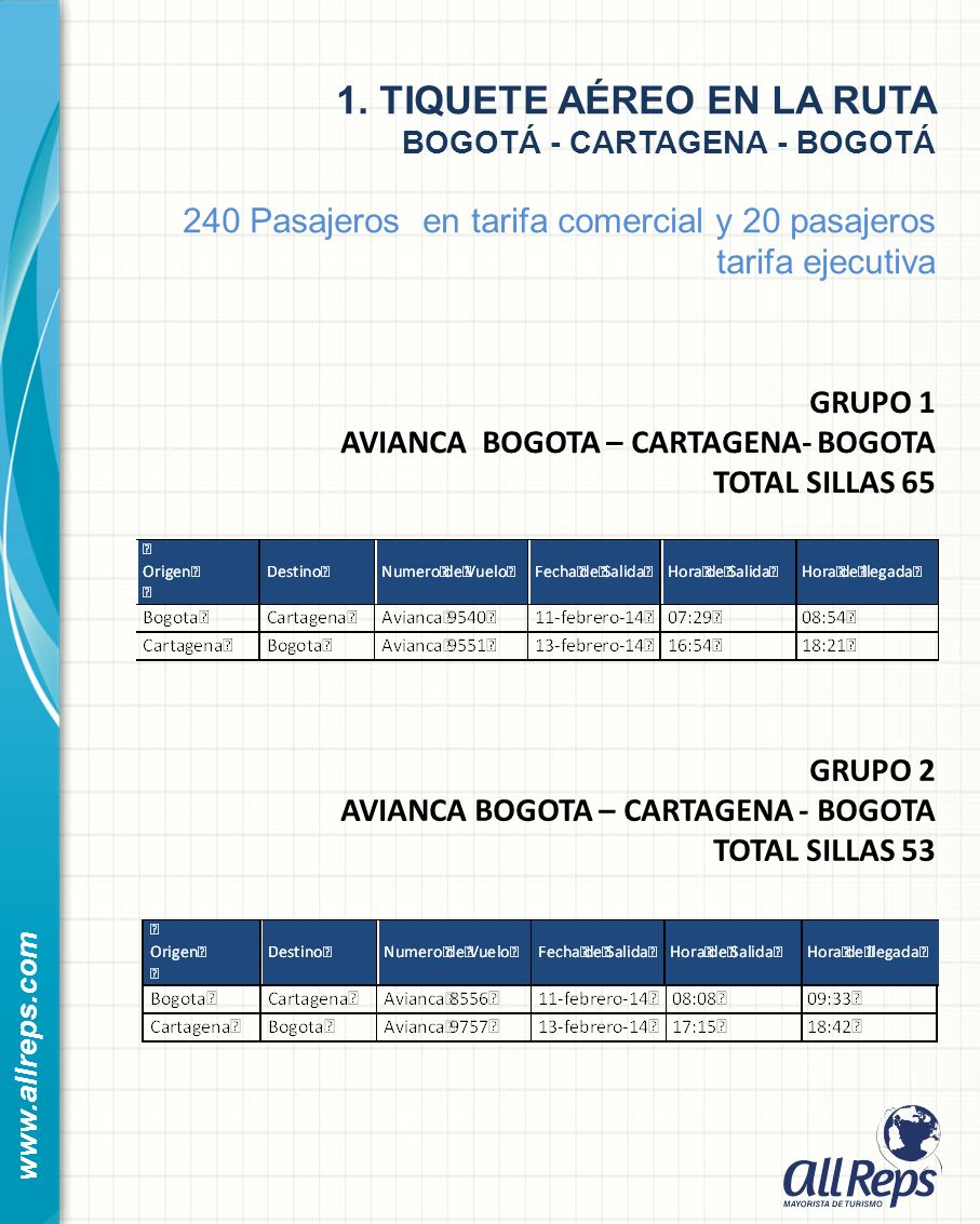 1. TIQUETE AÉREO EN LA RUTA BOGOTÁ - CARTAGENA - BOGOTÁ 240 Pasajeros en tarifa comercial y 20 pasajeros tarifa ejecutiva