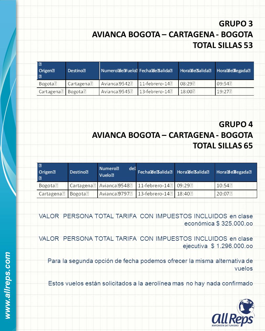 AVIANCA BOGOTA – CARTAGENA - BOGOTA TOTAL SILLAS 53