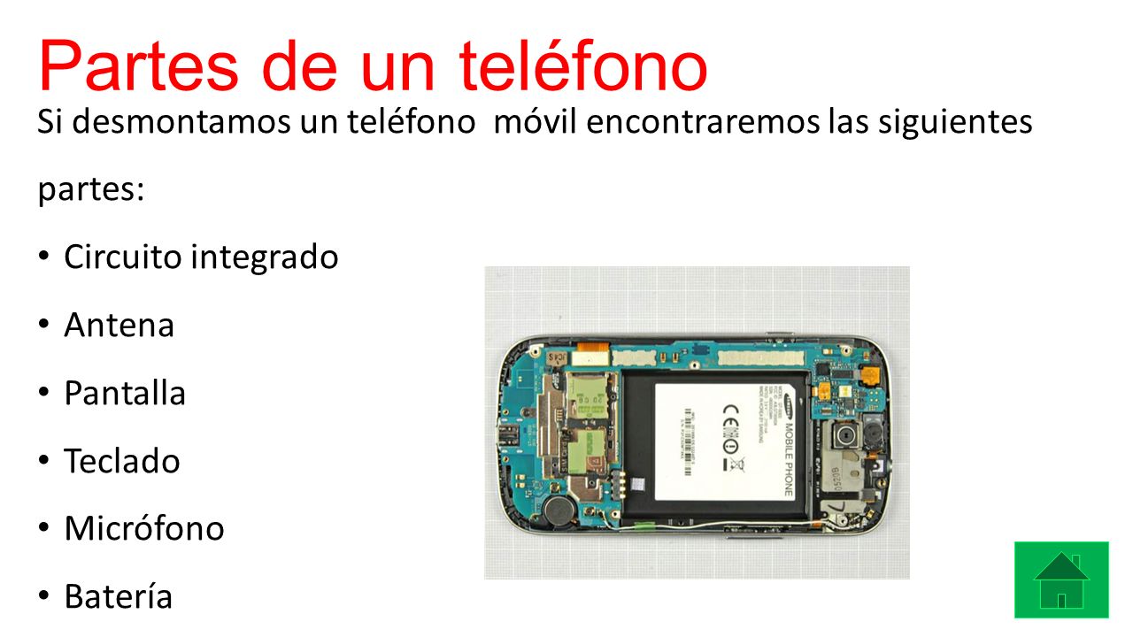 Partes de un teléfono Si desmontamos un teléfono móvil encontraremos las siguientes partes: Circuito integrado.