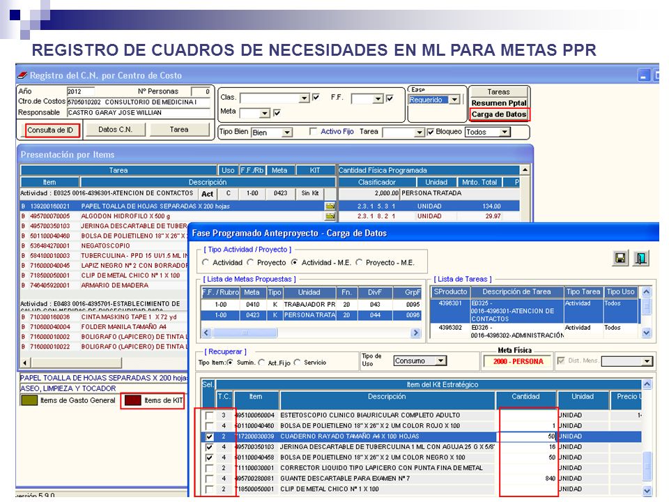 REGISTRO DE CUADROS DE NECESIDADES EN ML PARA METAS PPR