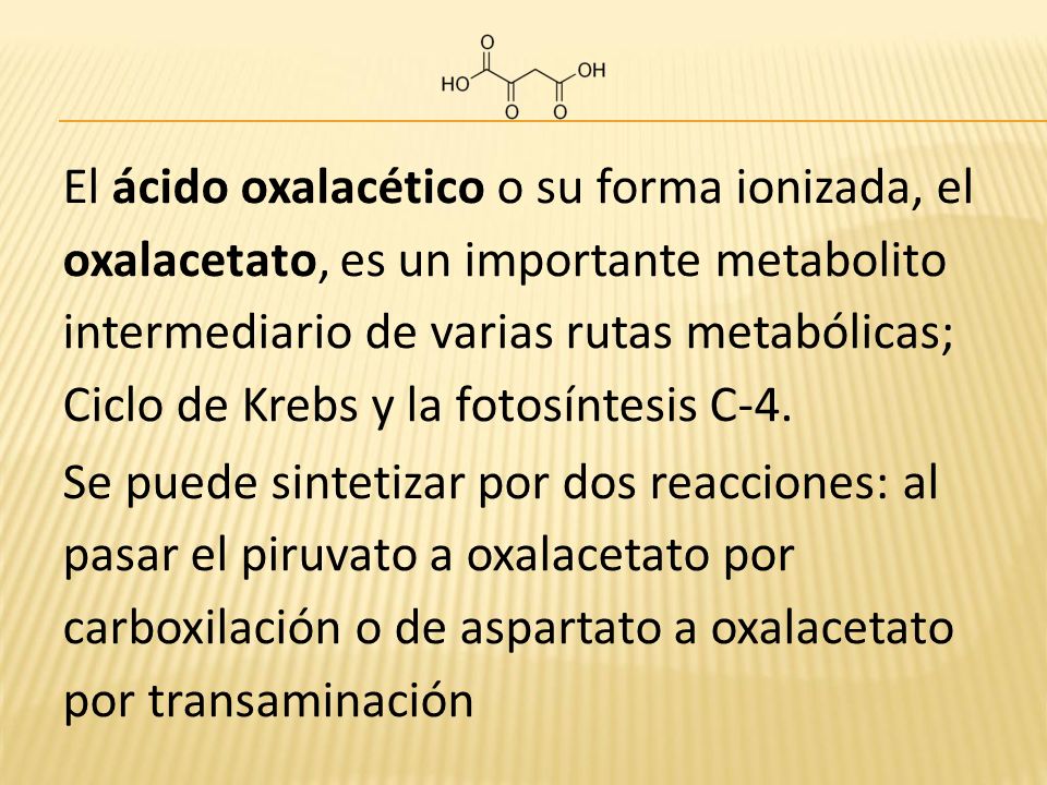 El ácido oxalacético o su forma ionizada, el oxalacetato, es un importante metabolito intermediario de varias rutas metabólicas; Ciclo de Krebs y la fotosíntesis C-4.