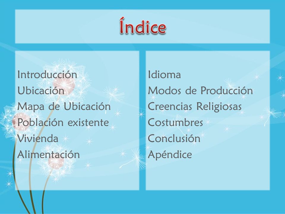 Índice Introducción Ubicación Mapa de Ubicación Población existente Vivienda Alimentación