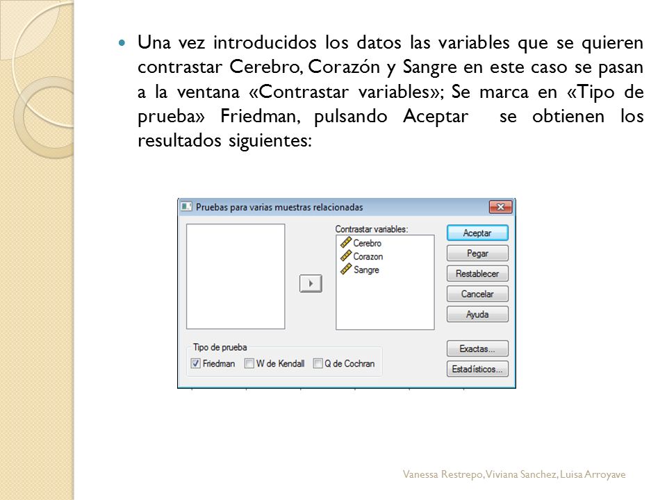 Una vez introducidos los datos las variables que se quieren contrastar Cerebro, Corazón y Sangre en este caso se pasan a la ventana «Contrastar variables»; Se marca en «Tipo de prueba» Friedman, pulsando Aceptar se obtienen los resultados siguientes: