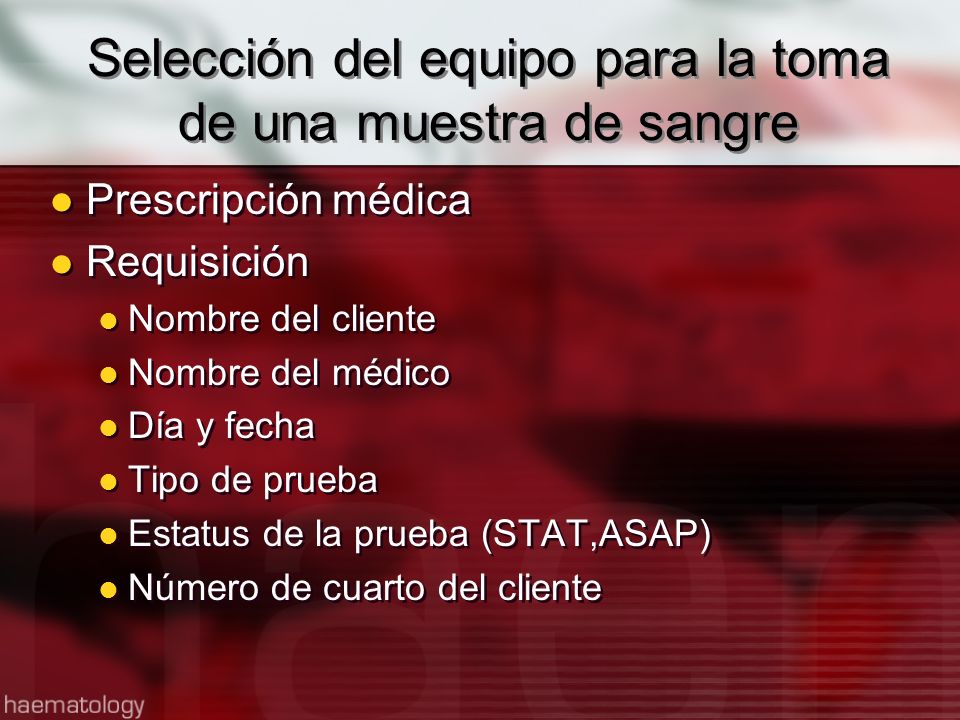 Selección del equipo para la toma de una muestra de sangre