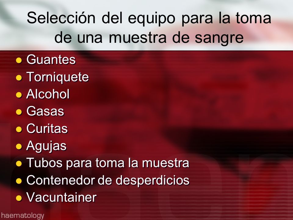 Selección del equipo para la toma de una muestra de sangre