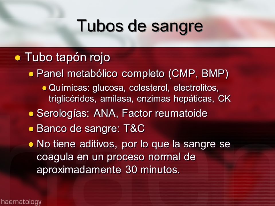 Tubos de sangre Tubo tapón rojo Panel metabólico completo (CMP, BMP)