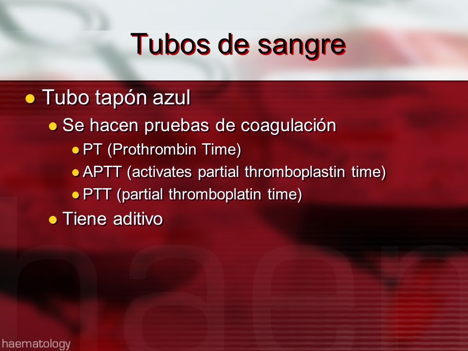 Tubos de sangre Tubo tapón azul Se hacen pruebas de coagulación