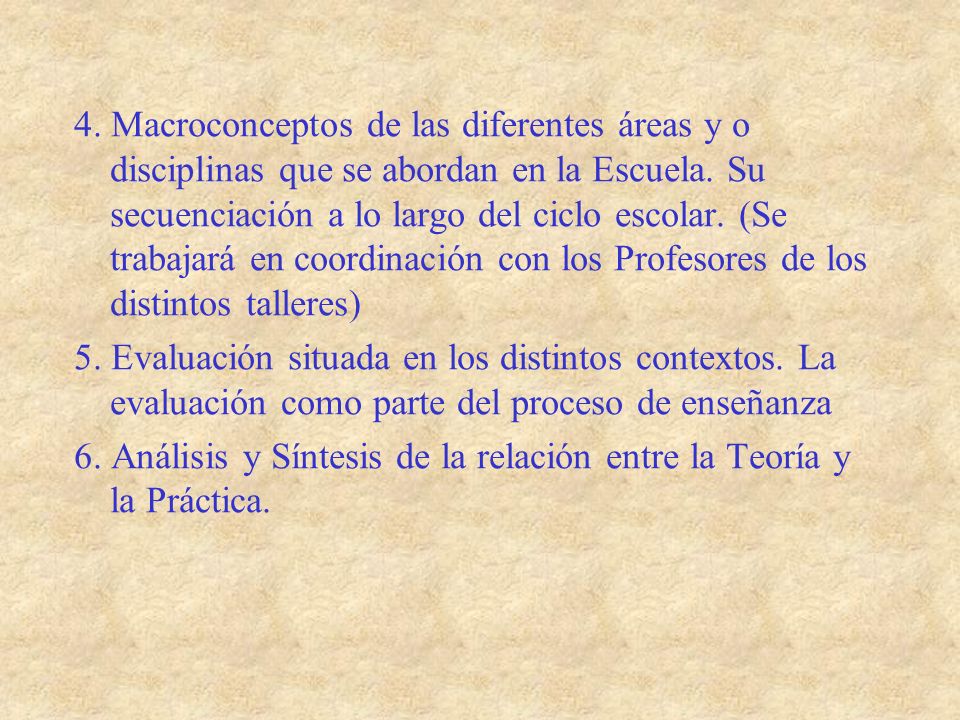 4. Macroconceptos de las diferentes áreas y o disciplinas que se abordan en la Escuela. Su secuenciación a lo largo del ciclo escolar. (Se trabajará en coordinación con los Profesores de los distintos talleres)