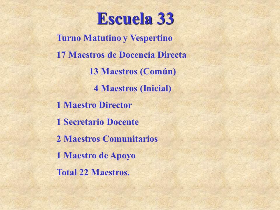 Escuela 33 Turno Matutino y Vespertino 17 Maestros de Docencia Directa