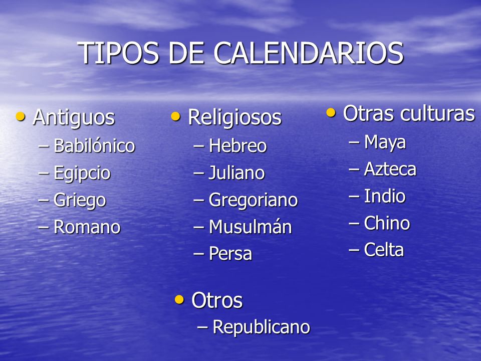 TIPOS DE CALENDARIOS Otras culturas Antiguos Religiosos Otros Maya