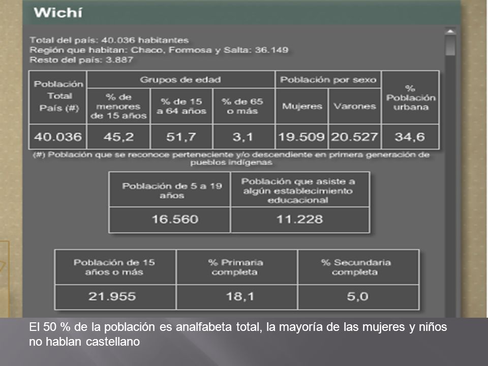 El 50 % de la población es analfabeta total, la mayoría de las mujeres y niños no hablan castellano