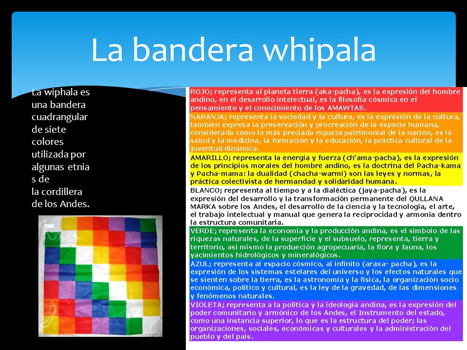La bandera whipala La wiphala es una bandera cuadrangular de siete colores utilizada por algunas etnias de la cordillera de los Andes.