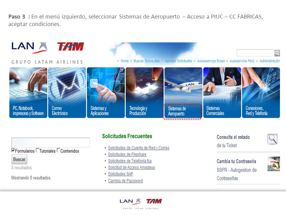 Paso 3 : En el menú izquierdo, seleccionar Sistemas de Aeropuerto – Acceso a PIUC – CC FABRICAS, aceptar condiciones.