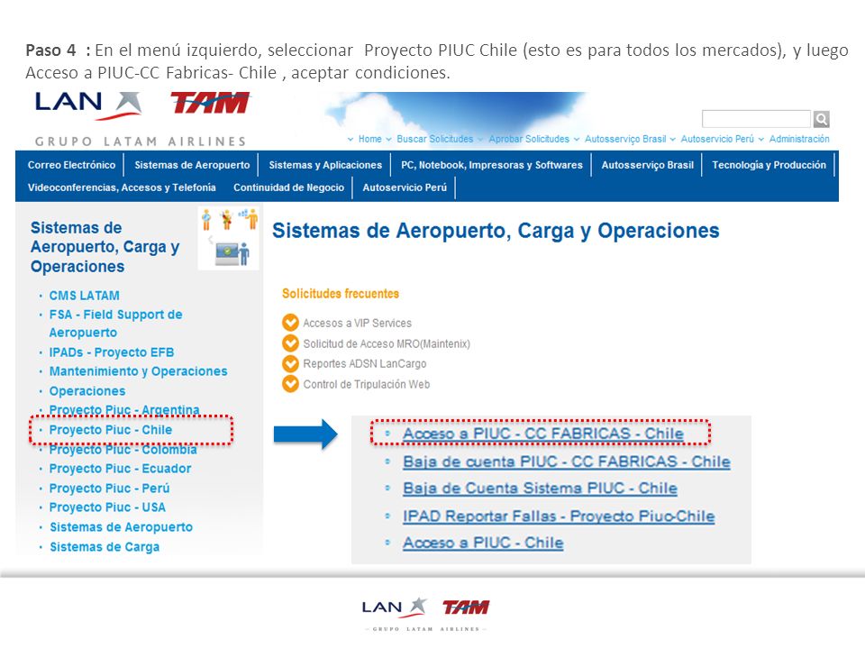 Paso 4 : En el menú izquierdo, seleccionar Proyecto PIUC Chile (esto es para todos los mercados), y luego Acceso a PIUC-CC Fabricas- Chile , aceptar condiciones.
