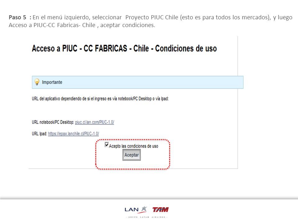 Paso 5 : En el menú izquierdo, seleccionar Proyecto PIUC Chile (esto es para todos los mercados), y luego Acceso a PIUC-CC Fabricas- Chile , aceptar condiciones.