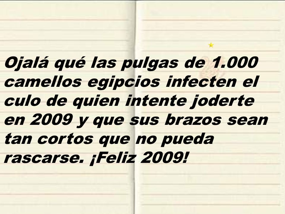 Ojalá qué las pulgas de camellos egipcios infecten el culo de quien intente joderte en 2009 y que sus brazos sean tan cortos que no pueda rascarse.