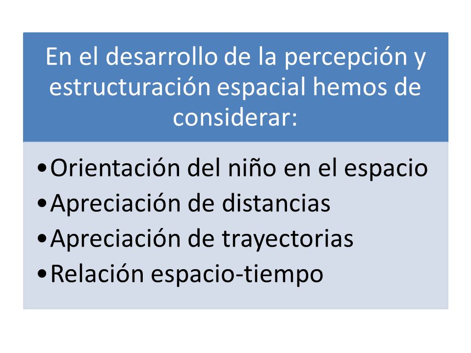 En el desarrollo de la percepción y estructuración espacial hemos de considerar: