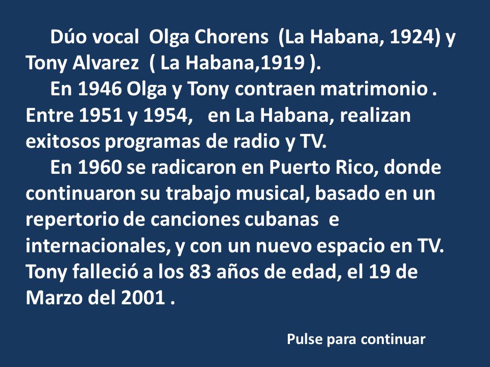 Dúo vocal Olga Chorens (La Habana, 1924) y Tony Alvarez ( La Habana,1919 ).