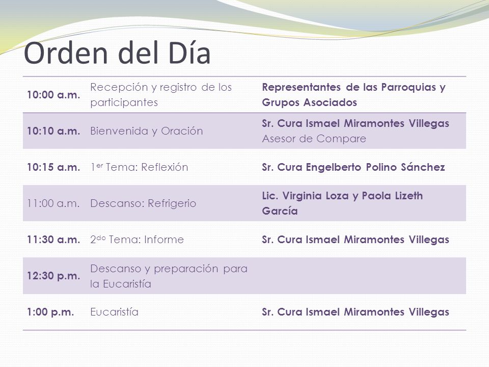 Orden del Día 10:00 a.m. Recepción y registro de los participantes