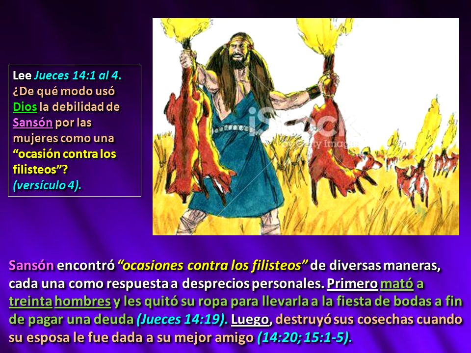 Lee Jueces 14:1 al 4. ¿De qué modo usó Dios la debilidad de Sansón por las mujeres como una ocasión contra los filisteos