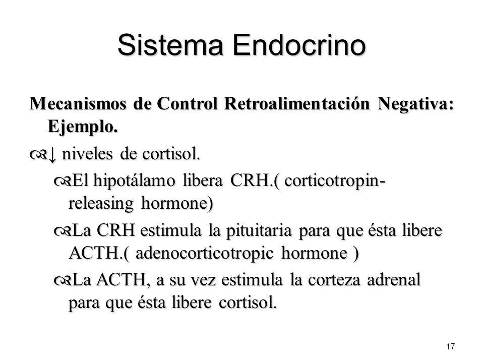 Sistema Endocrino Mecanismos de Control Retroalimentación Negativa: Ejemplo. ↓ niveles de cortisol.