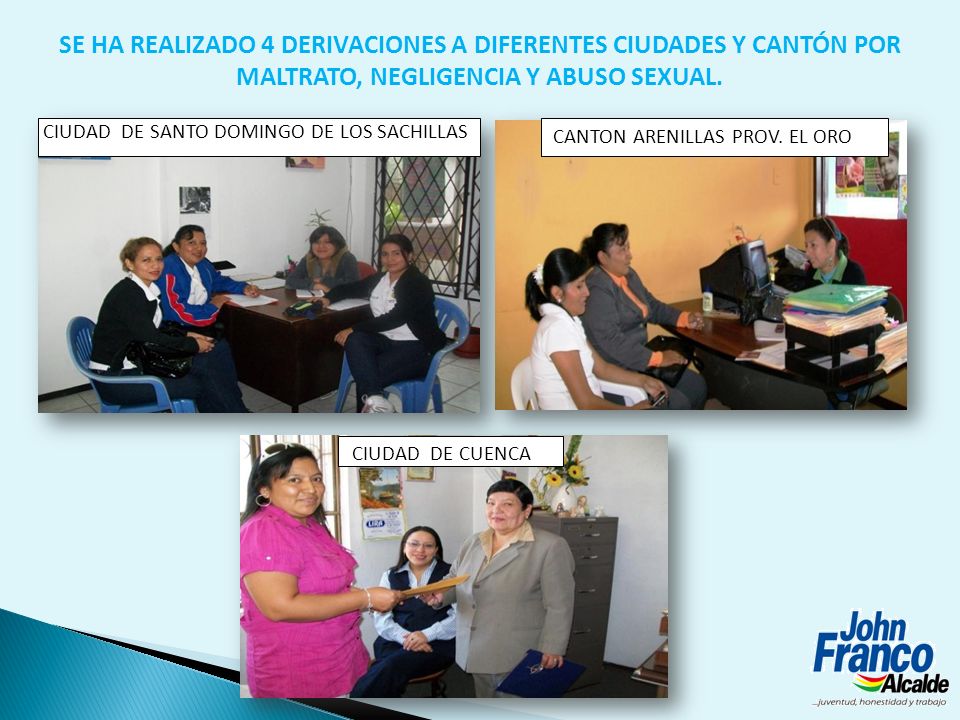 SE HA REALIZADO 4 DERIVACIONES A DIFERENTES CIUDADES Y CANTÓN POR MALTRATO, NEGLIGENCIA Y ABUSO SEXUAL.