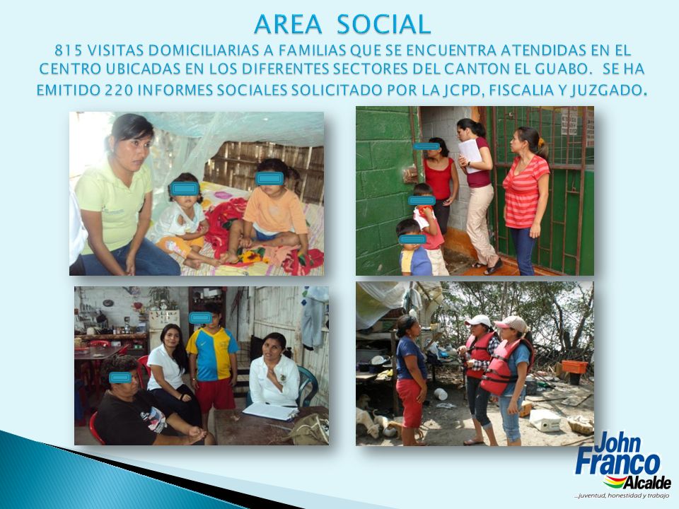AREA SOCIAL 815 VISITAS DOMICILIARIAS A FAMILIAS QUE SE ENCUENTRA ATENDIDAS EN EL CENTRO UBICADAS EN LOS DIFERENTES SECTORES DEL CANTON EL GUABO.
