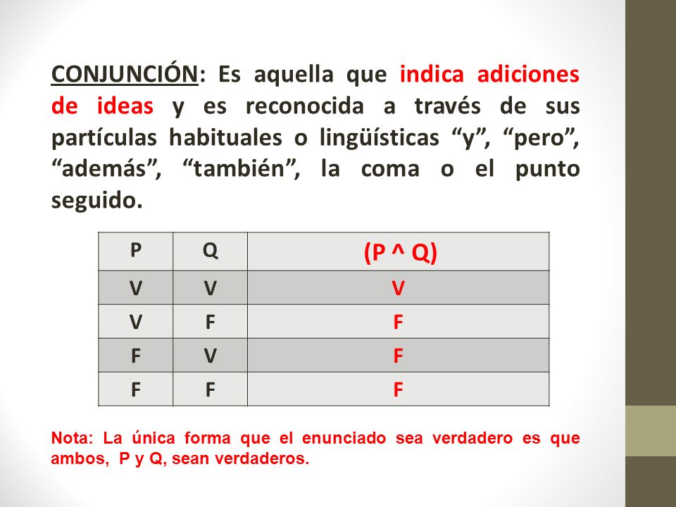 CONJUNCIÓN: Es aquella que indica adiciones de ideas y es reconocida a través de sus partículas habituales o lingüísticas y , pero , además , también , la coma o el punto seguido.