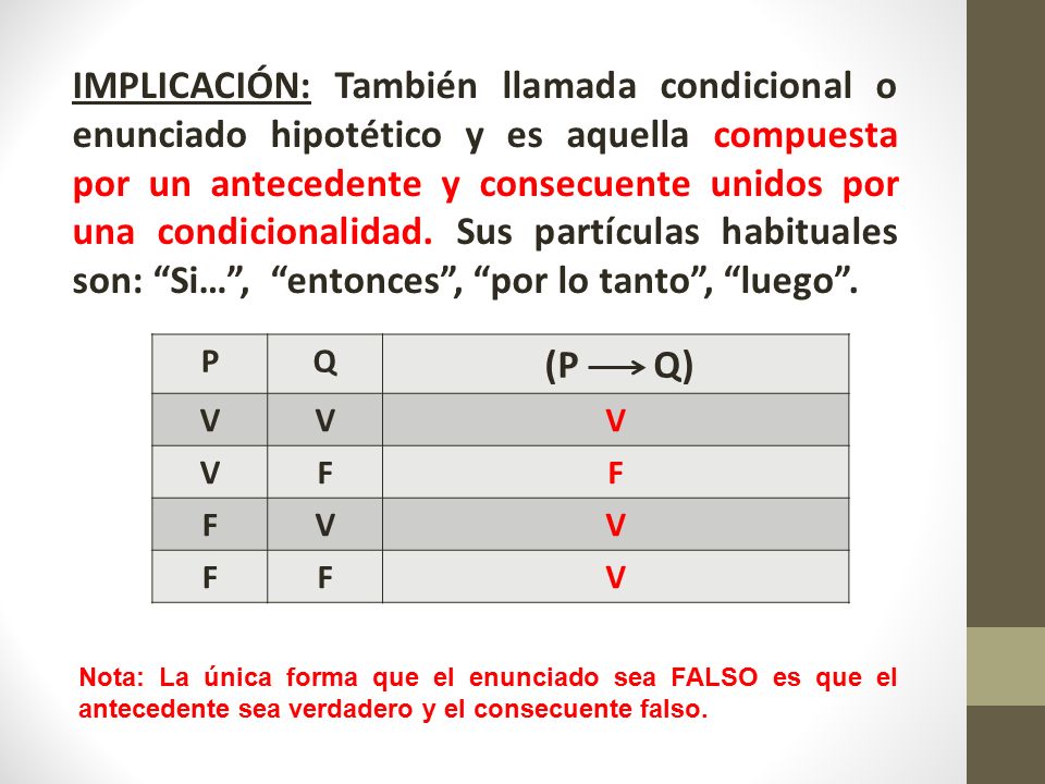 IMPLICACIÓN: También llamada condicional o enunciado hipotético y es aquella compuesta por un antecedente y consecuente unidos por una condicionalidad. Sus partículas habituales son: Si… , entonces , por lo tanto , luego .