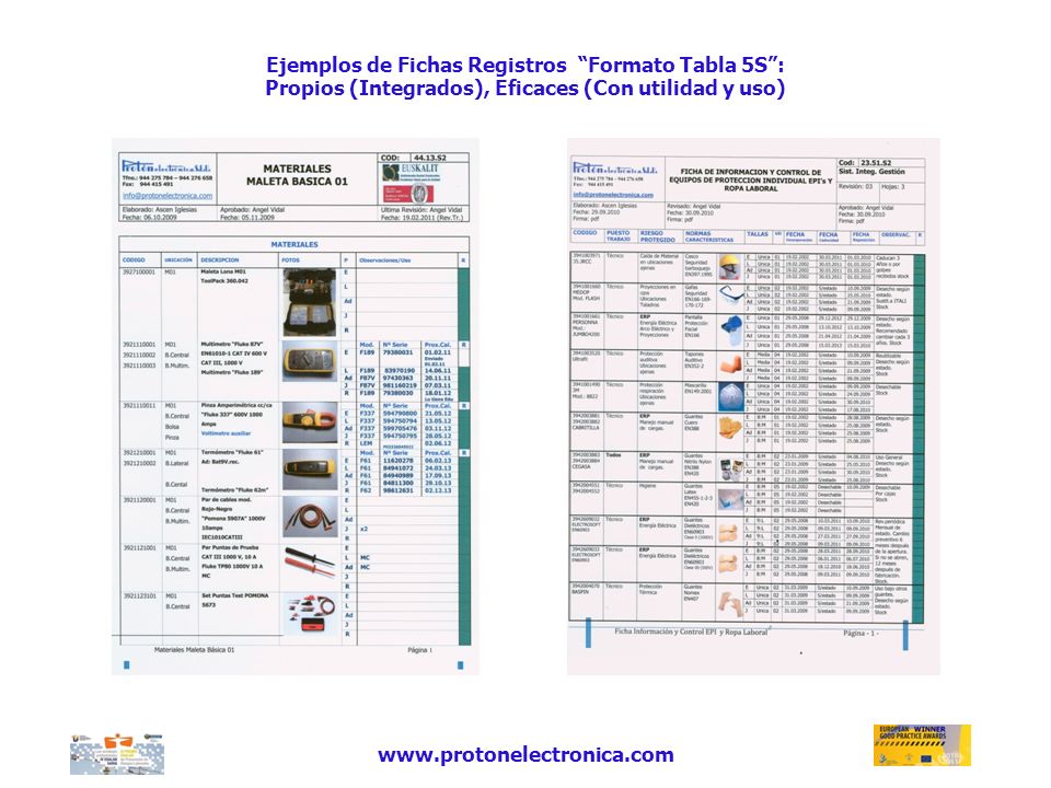 Ejemplos de Fichas Registros Formato Tabla 5S : Propios (Integrados), Eficaces (Con utilidad y uso)